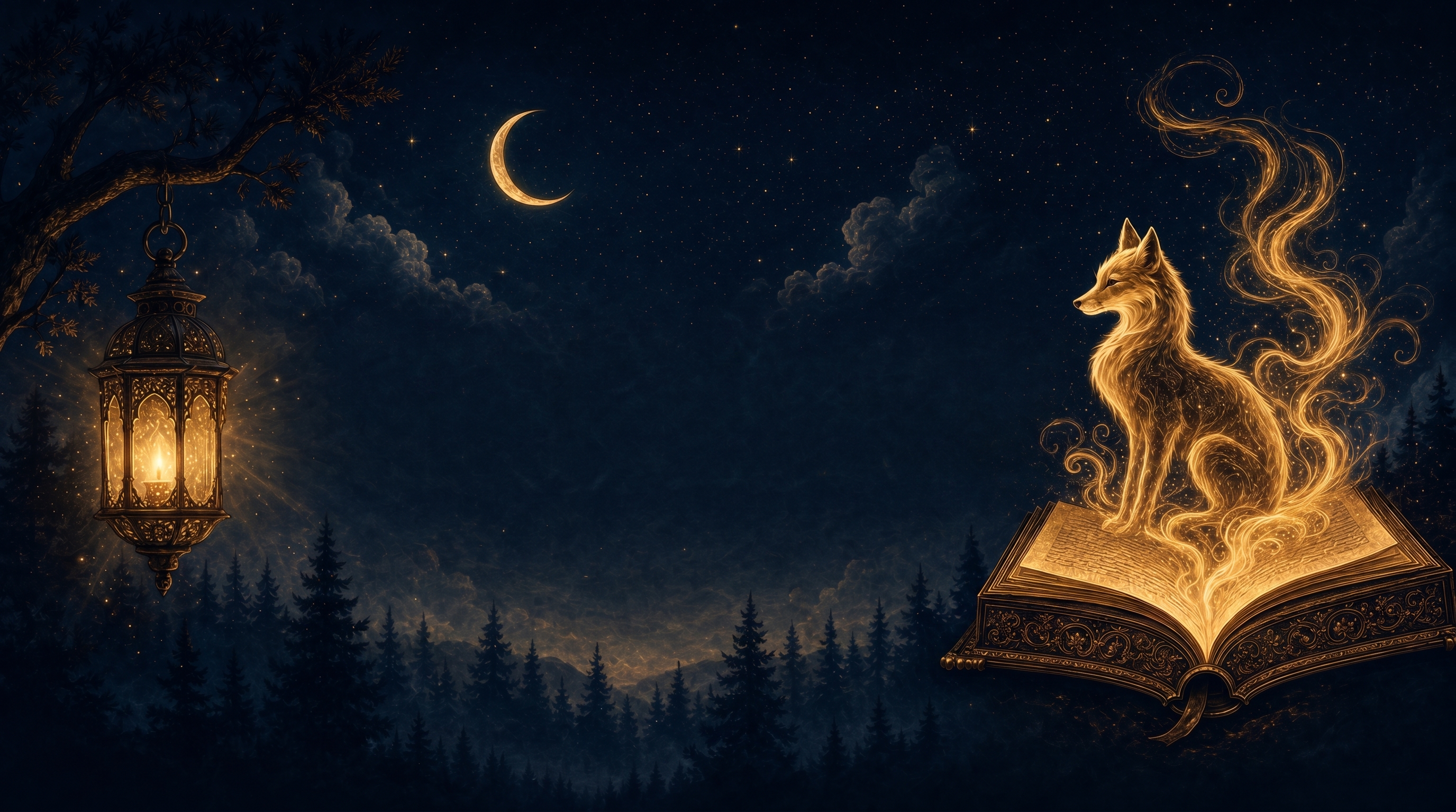 A golden fox rising from an open book beneath a crescent moon and a glowing lantern, over a misty forest.